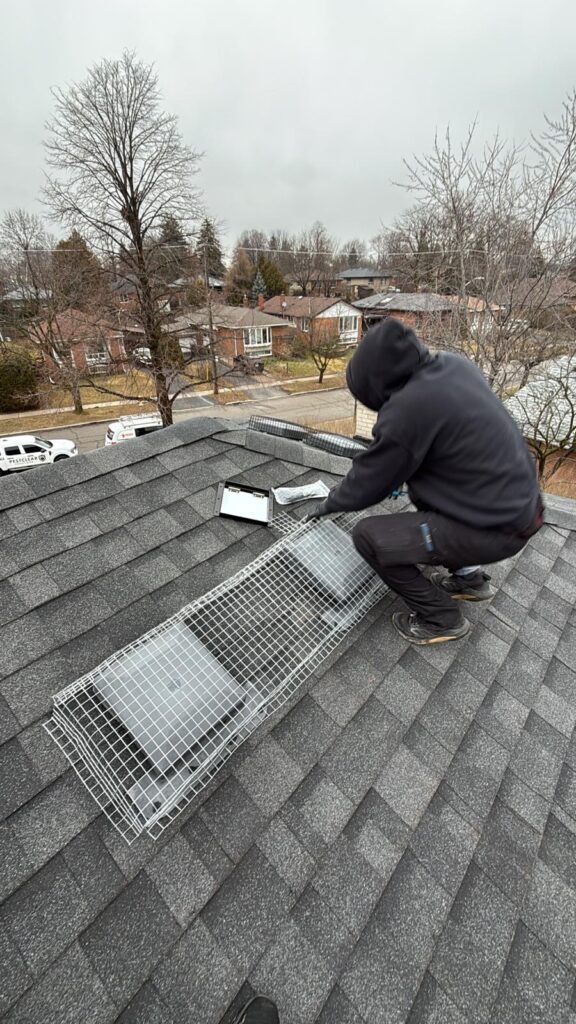 Squirrel prevention mesh sealing an entry point on an Etobicoke home